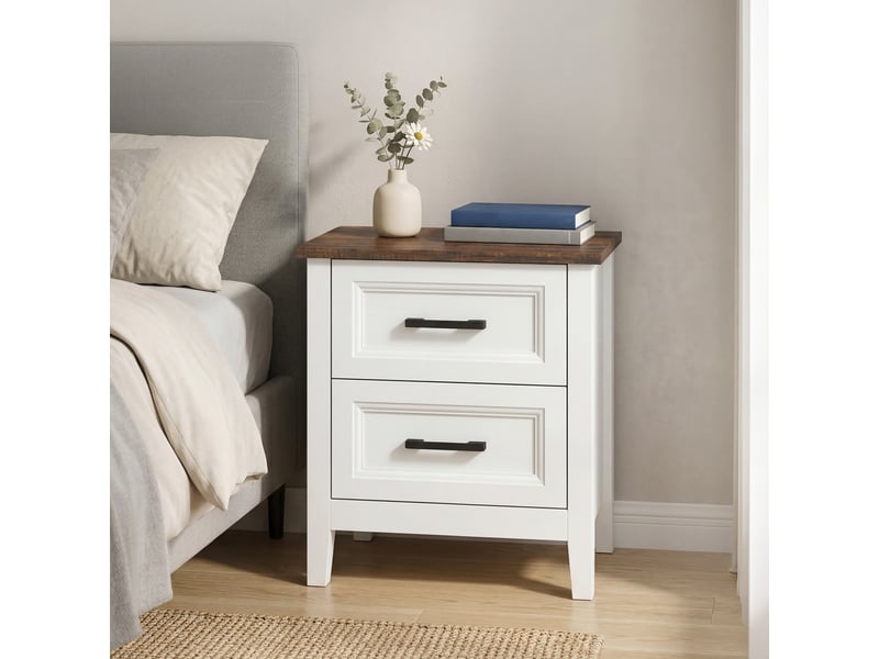 Table de chevet, table de nuit avec 2 tiroirs, plateau effet bois, style rustique, pour chambre à coucher, salon, blanc  - Conforama D
