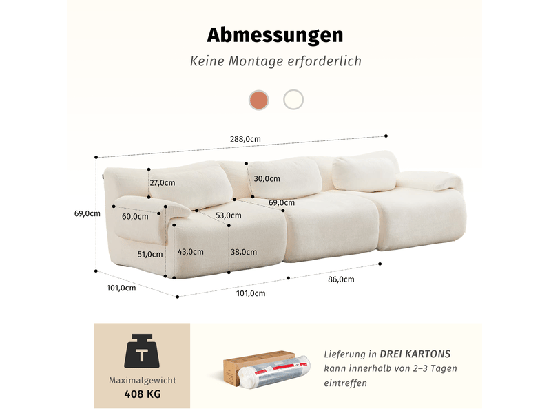  Canapé droit 3 places compressé à design ondulé, assise en mousse et larges accoudoirs en chenille blanc  - Conforama D