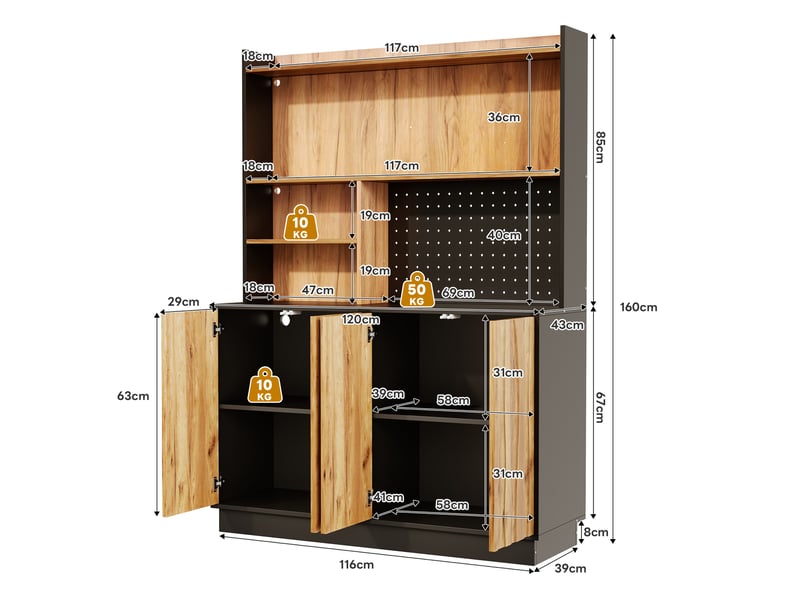  Buffet haut de cuisine 120 x 43 x 160 cm bois naturel et noir, led rgb par application, 4 portes, prises, usb et panneau perforé, pour cuisine  - Conforama D