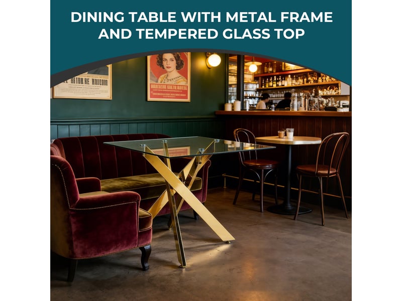  Table à manger carrée moderne – plateau en verre trempé et piètement métallique doré – 80 x 80 x 75 cm  - Conforama E