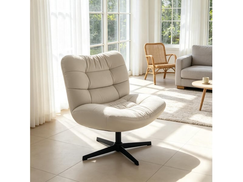  Fauteuil lounge pivotant 70 x 80 cm – crème – assise capitonnée en chenille, sans inclinaison, base en acier  - Conforama B