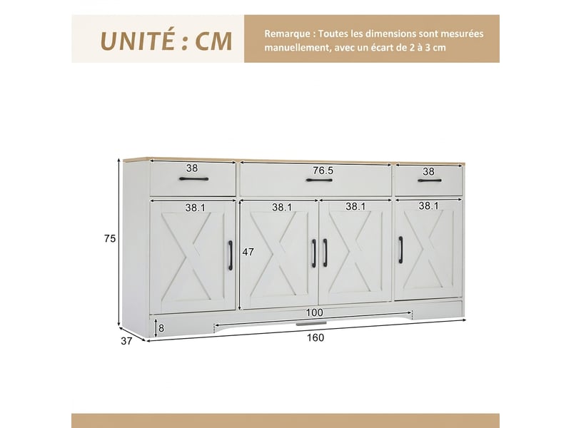 Buffet blanc moderne meuble de rangement en bois 160 cm - 3 tiroirs 4 portes design scandinave - Conforama C