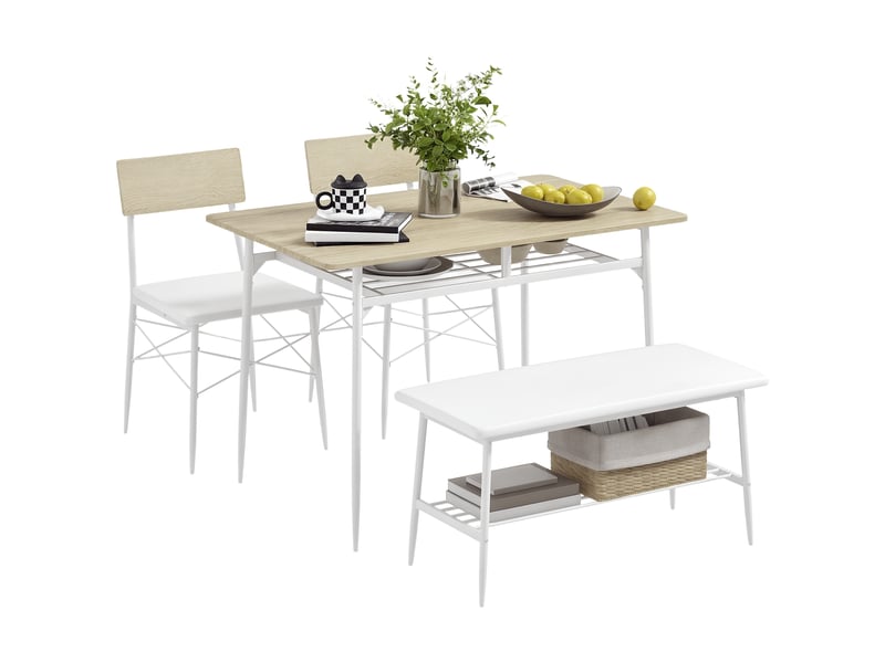  Ensemble de salle à manger 4 pièces avec table, chaises et banc pour 4 personnes, assises rembourrées, structure en acier, bois, chêne  - Conforama A
