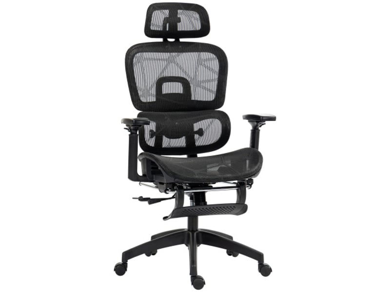 Chaise de bureau ergonomique en mesh avec accoudoirs, appui-tête, soutien lombaire, repose-pieds, noire - Conforama A
