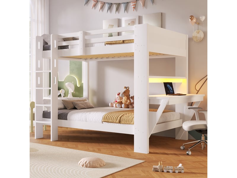  Lit superposé 90 x 200 cm en pin avec bureau, prise électrique et bande led, structure gain de place pour chambre enfant ou ado, blanc, sans matelas, design moderne OPULERANE TRADING LTD - Conforama B