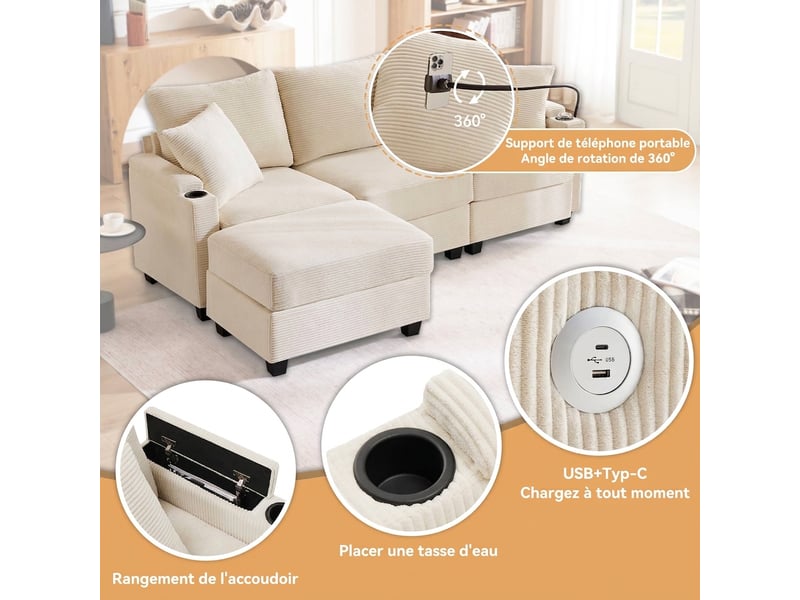  Canapé d'angle en l 3 places avec pouf - velours côtelé beige - port usb et porte-gobelet  - Conforama D