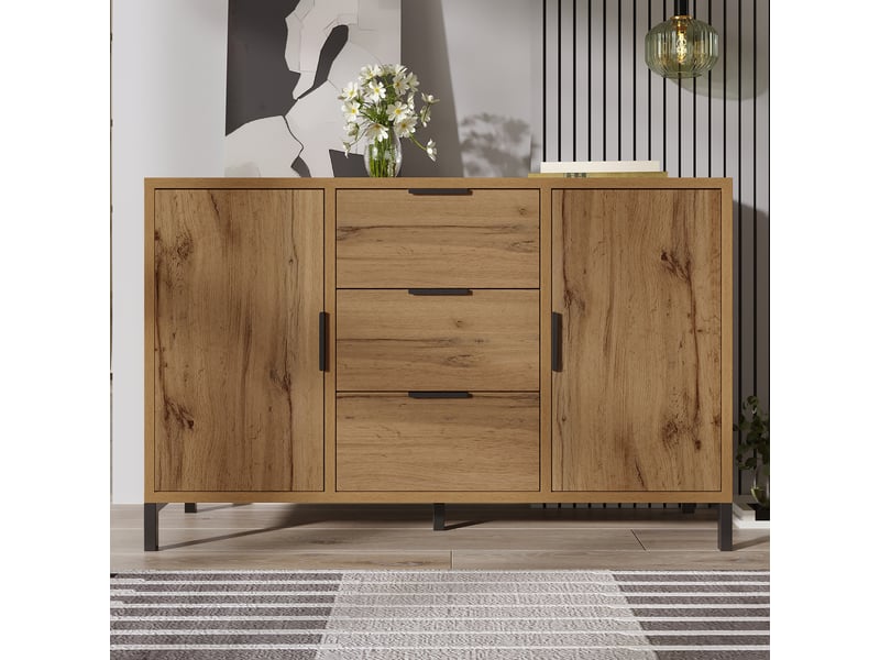  Buffet industriel chêne foncé 120 × 40 × 76 cm, 3 tiroirs et 2 portes IKSETERA TRADING LTD - Conforama B