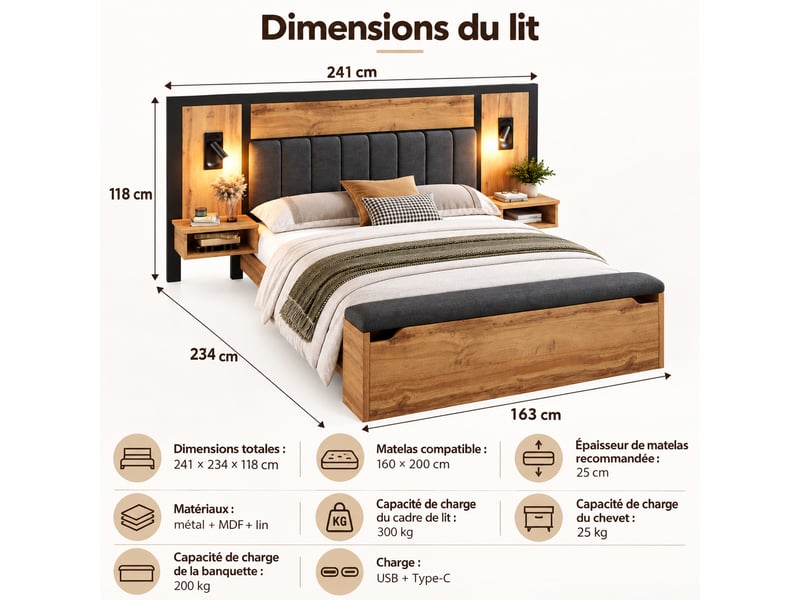  Lit double rembourré 160x200 cm avec liseuse, usb-c, table de chevet et banc avec rangement, sommier métalbois, lin, coloris chêne, sans matelas IKSETERA TRADING LTD - Conforama C