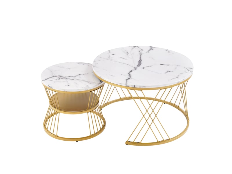  Tables basses gigognes modernes, effet marbre, 2 pièces, plateau rond, cadre doré, finition brillante  - Conforama E