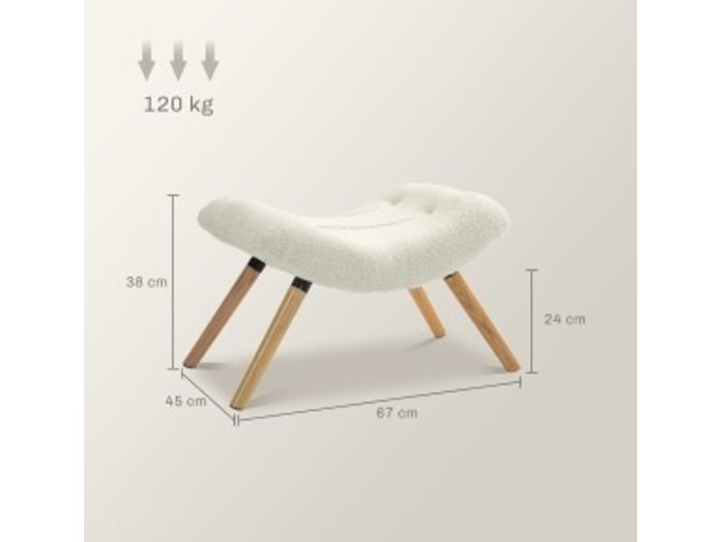  Repose-pied pouf rembourré avec assise incurvée et pieds en bois de hêtre, en tissu bouclette crème 67 × 45 × 38 cm  - Conforama C