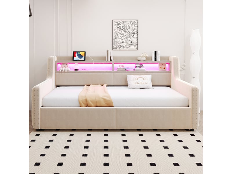  Lit canapé en velours beige 90 x 200 cm  - Conforama D