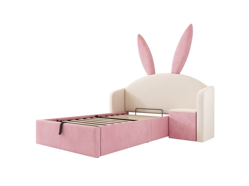  Lit enfant avec rangement 90 x 190 cm, coffre hydraulique et table de chevet intégrée, velours beige et rose  - Conforama R
