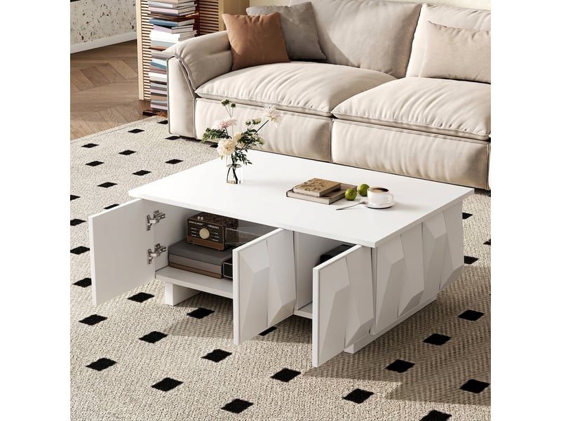  Table basse avec rangement moderne blanche 95x67 cm façades 3d  - Conforama C
