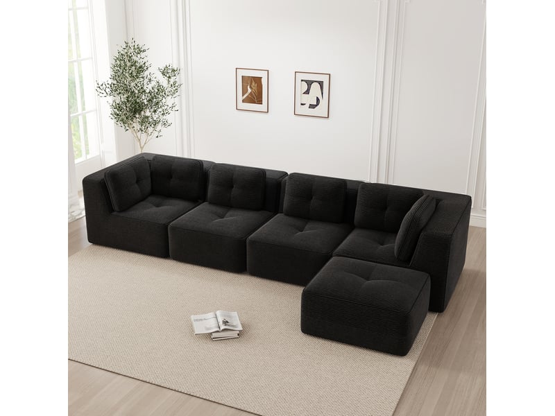 Canapé d'angle modulaire ulevr 4 places en velours côtelé noir, 386 x 177 x 69 cm, sans structure rigide - Conforama E