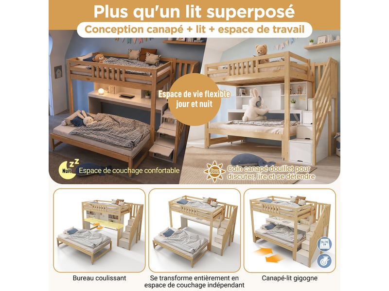  Lit superposé enfant 90x200 cm avec lit gigogne 90x190 cm, bureau intégré, escalier avec rangements et étagères, structure en bois - blanc et chêne  - Conforama E