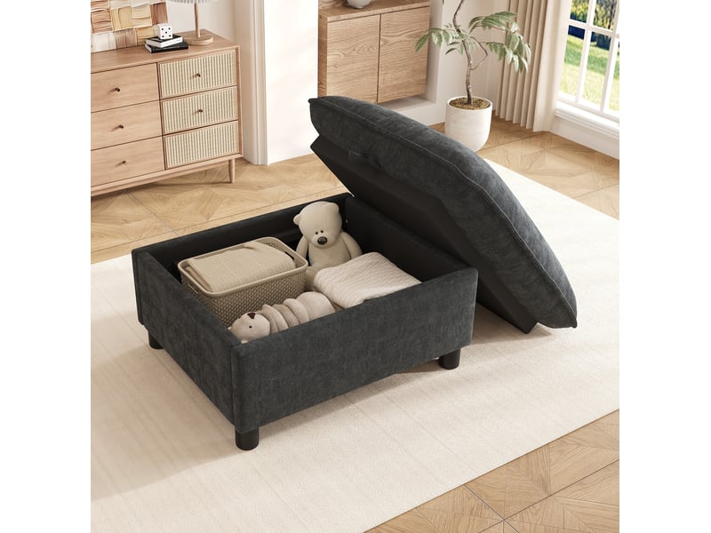  Pouf coffre 98x65x48 cm en chenille, bois et métal gris, repose-pieds rembourré avec pieds de 8 cm et rangement polyvalent  - Conforama D