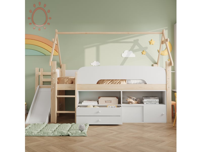 Lit mezzanine enfant 90 x 200 cm avec toboggan blanc naturel  - Conforama D