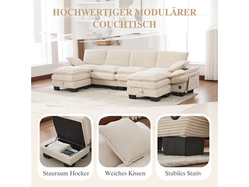  Canapé modulaire 4 places en velours côtelé - beige - 2 poufs inclus - port usb-c intégré 330x132x84cm - Conforama E