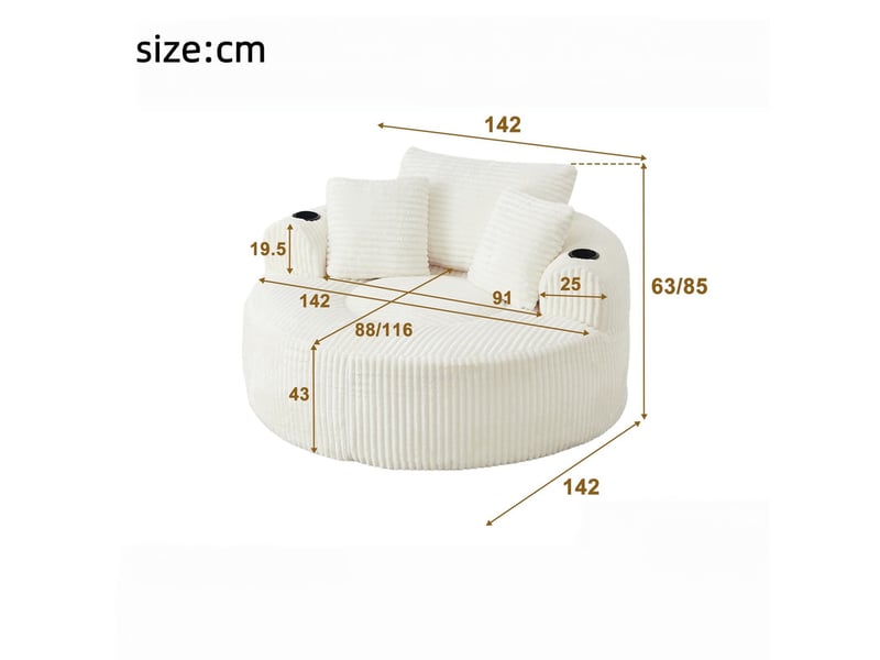  Canapé droit, canapé lounge rond en velours côtelé, avec 3 coussins, 2 porte-gobelets, pour salon ou chambre, 63 x 142 x 142 cm, beige  - Conforama C