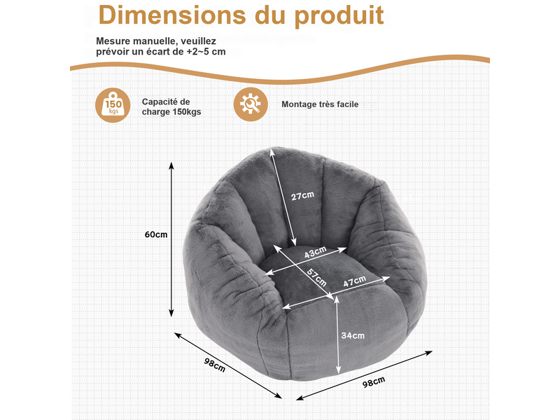 Pouf poire adulteenfant gris en polyester 98x98x60 cm, rembourrage mousse mémoire, assise moelleuse pour lire et se détendre W5378P504662 - Conforama C
