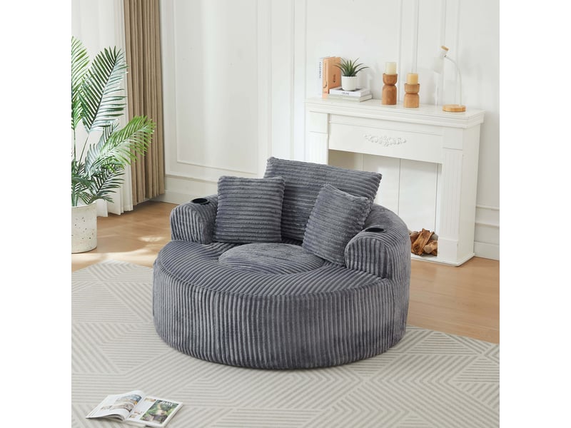  Canapé 1 place rond avec 2 porte-gobelets et 3 coussins, poches latérales, velours côtelé, gris OMNIGLINT TRADING LTD - Conforama B
