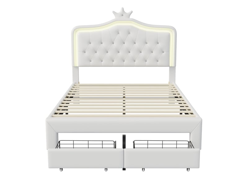  Lit simple 140x200 cm avec sommier, lit double enfant avec 2 tiroirs et led, lit capitonné, tête de lit coquillage réglable, blanc  - Conforama A
