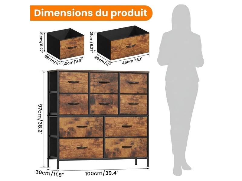  Chiffonnier meuble 100x30x97 cm dix tiroirs tissu marron rustique et metal noir chambre  - Conforama E