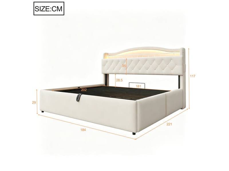  Lit capitonné 180*200 cm beige, coffre hydraulique, led, usb-c, tête avec rangements et cadre métal stable  - Conforama B