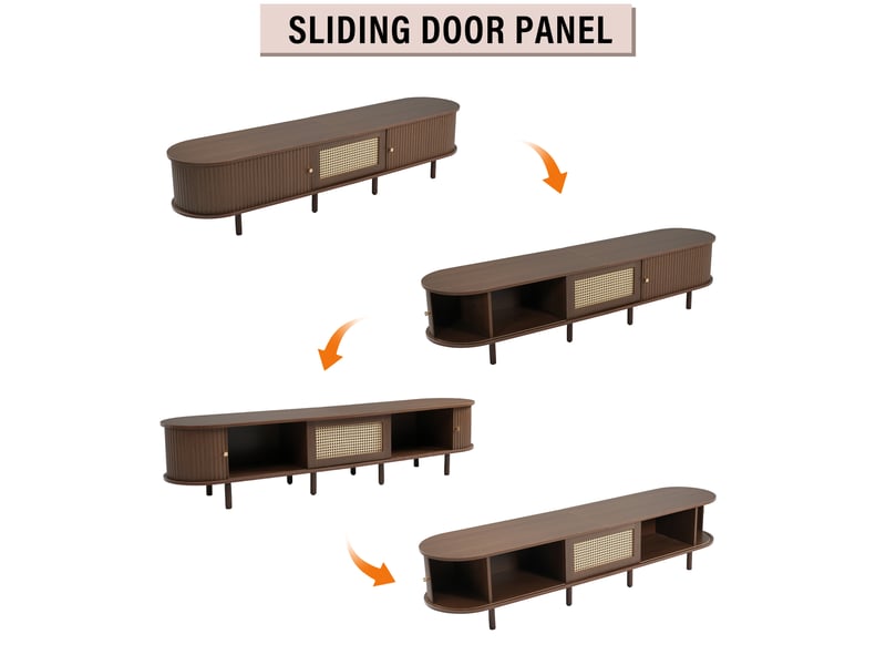 Meuble tv ovale 180 cm avec rangement, pour écran 70-79 pouces, structure en mdf, noyer foncé et design rotin - Conforama E