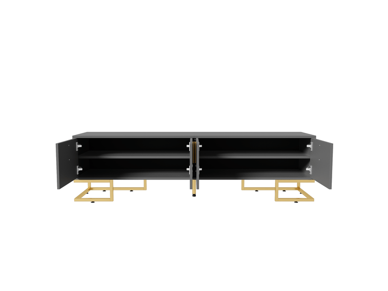  Meuble tv 170x40x45,5 cm, rangement 4 portes avec étagères intégrées, pieds dorés réglables, panneau particules, gris  - Conforama A