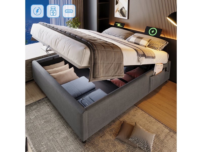  Lit coffre 140x200 cm - lit double avec coffre et usb-c intégré, structure métal et coton, gris, sans tête de lit  - Conforama B