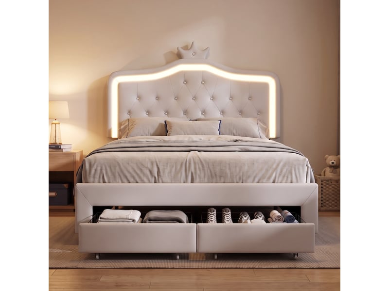  Lit enfant 140x200, lit simple, éclairage led et 2 tiroirs de rangement,  tête de lit couronne ajustable, blanc  - Conforama D