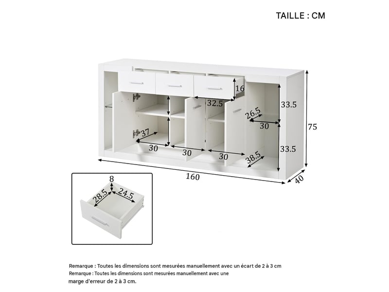 Buffet 3 portes et 3 tiroirs avec éclairage led blanc 160 x 40 x 75 cm  - Conforama C