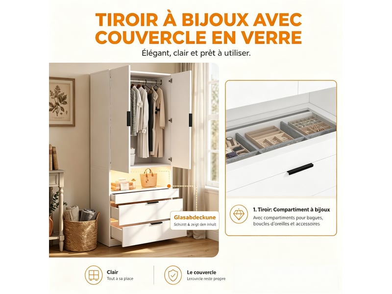  Armoire lumineuse avec tiroir à bijoux, 90 x 50 x 200 cm, portes battantes, 1 tringle, tablette en verre et 3 tiroirs, blanc  - Conforama E