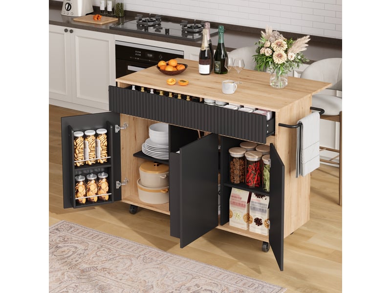  Îlot de cuisine mobile avec plateau rabattable, desserte noire et naturelle 120 x 65 x 91 cm  - Conforama B