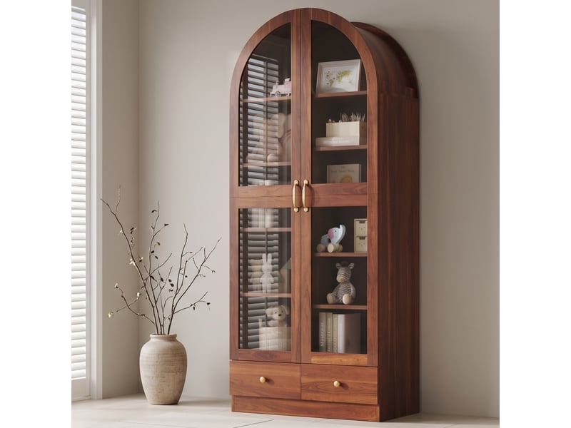  Vitrine bibliothèque haute 76x40x180 cm - sommet arrondi - portes vitrées - 2 tiroirs - mdf et verre - noyer CozyNest - Conforama E