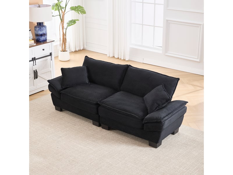  Canapé droit, 2 places, design simple, pieds en plastique, cadre en bois, oreillers latéraux, moderne, velours, noir  - Conforama B