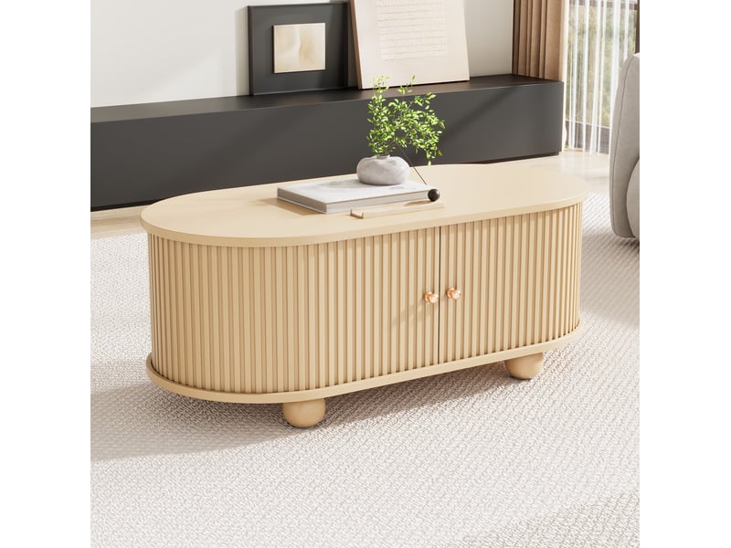  Table basse d'appoint rangement 100x50x40 cm compact design ovale portes ouverture 180° cannelées mdf coloris bois  - Conforama D