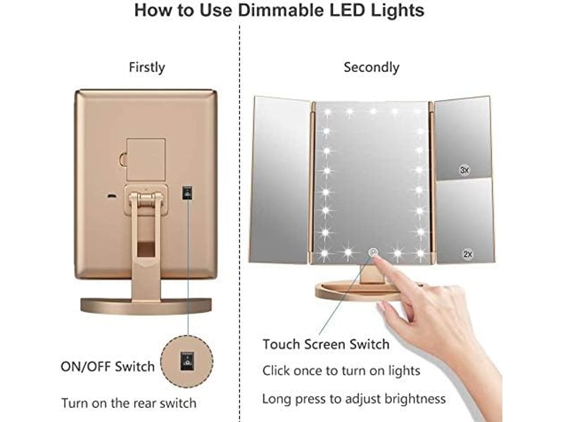  Miroir de maquillage 22 led – grossissement 1x2x3x, tactile, or  - Conforama E