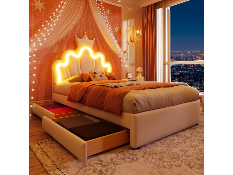 Lit enfant 90x200 cm avec led, tiroirs, sommier et tête réglable, lit princesse, pu blanc, sans matelas - Conforama W