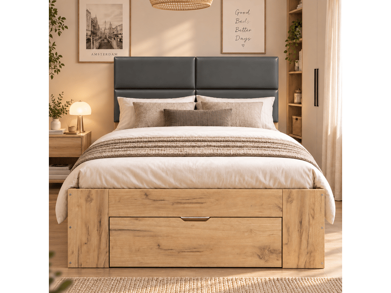 Lit enfant 90 x 200 cm naturel avec usb, tiroirs et tête de lit rembourrée - Conforama B