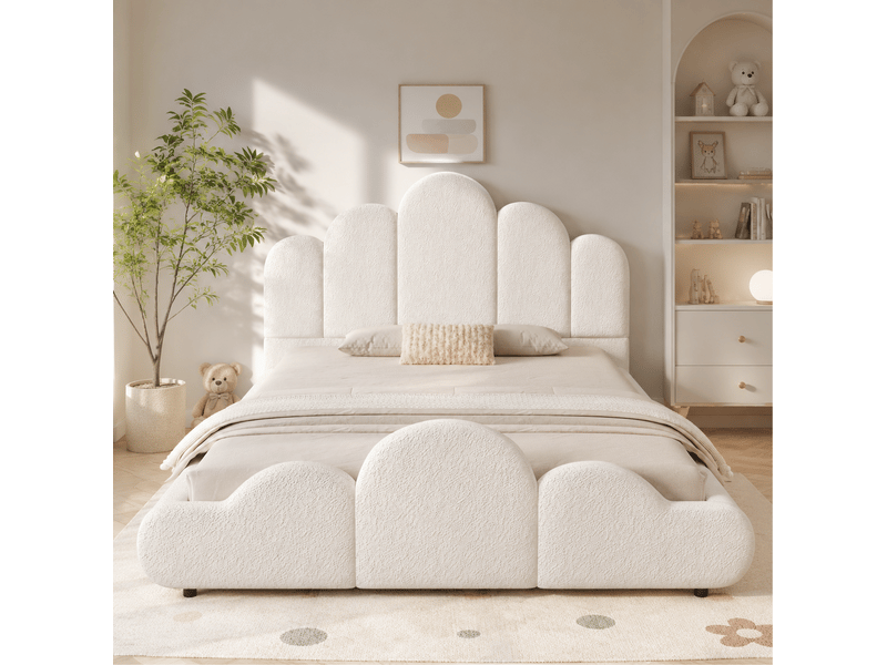  Lit enfant rembourré 140 × 200 cm 2 places avec tête de lit capitonnée, sans matelas, en bouclette beige  - Conforama C