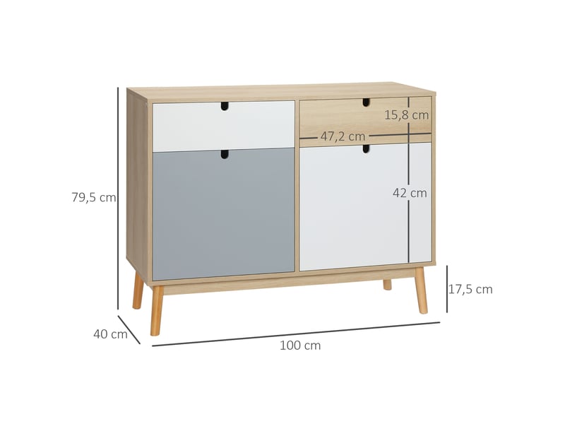  Buffet, meuble de rangement pour salon avec 2 placards fermés et 2 tiroirs, en pin, pieds surélevés, pour cuisine, chambre, entrée, 100 x 40 x 79,5 cm  - Conforama E