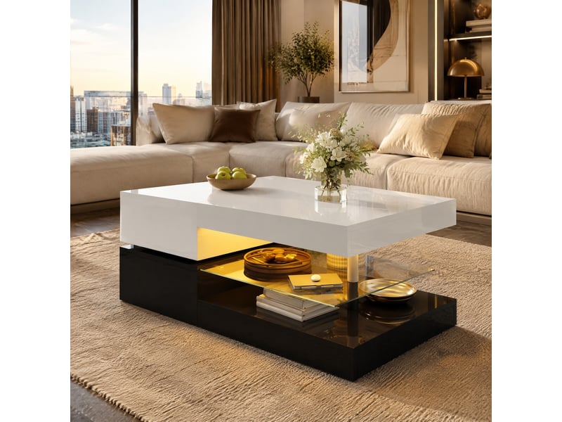  Table basse led avec plateau en verre et commande bluetooth pour salon 90×45×35,5 cm noir et blanc  - Conforama B