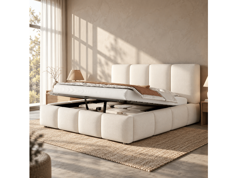  Lit coffre 160x200 hydraulique en bouclé blanc evryae  - Conforama C