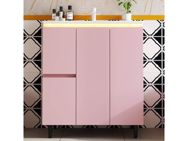 Meuble vasque rose avec lavabo intégré, éclairage led à capteur et charnières amorties 76 cm - Conforama B