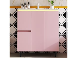 Meuble vasque rose avec lavabo intégré, éclairage led à capteur et charnières amorties 76 cm