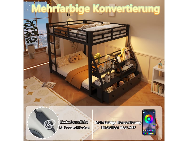  Lit superposé 140 × 200 cm 4 places avec led, 2 tiroirs en tissu et étagères, sans matelas, noir  - Conforama C