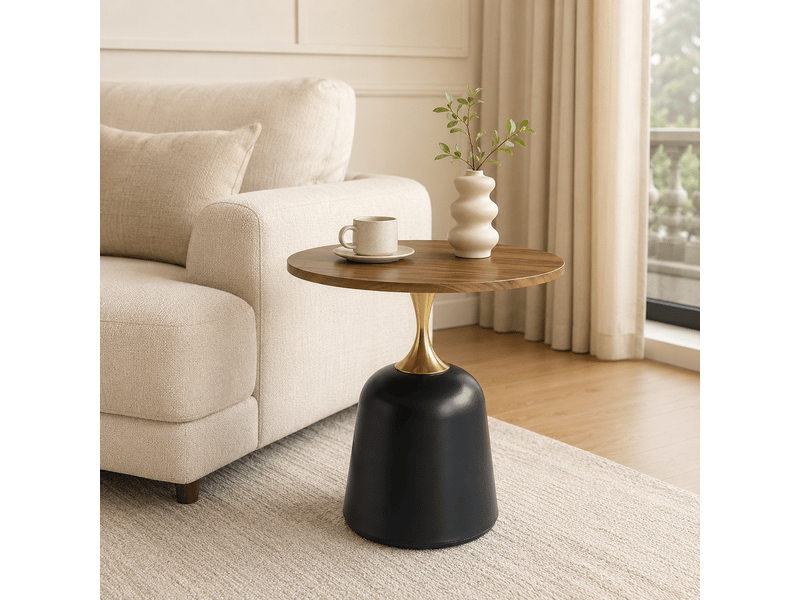  Table basse ronde, avec pied métal lesté, style nordique et pour salon, mélaminé noyer et noir, 70 × 69 × 40 cm  - Conforama B