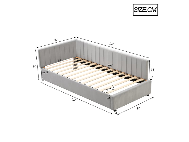 Lit banquette 90x200 cm multifonction en velours gris, rembourré avec sommier à lattes - Conforama C